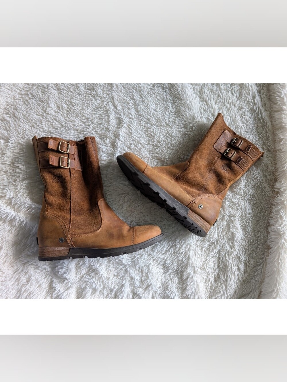 Sorel Major Pull On Brown Suede Leather Buckled Mid Calf Boots Size 8.5